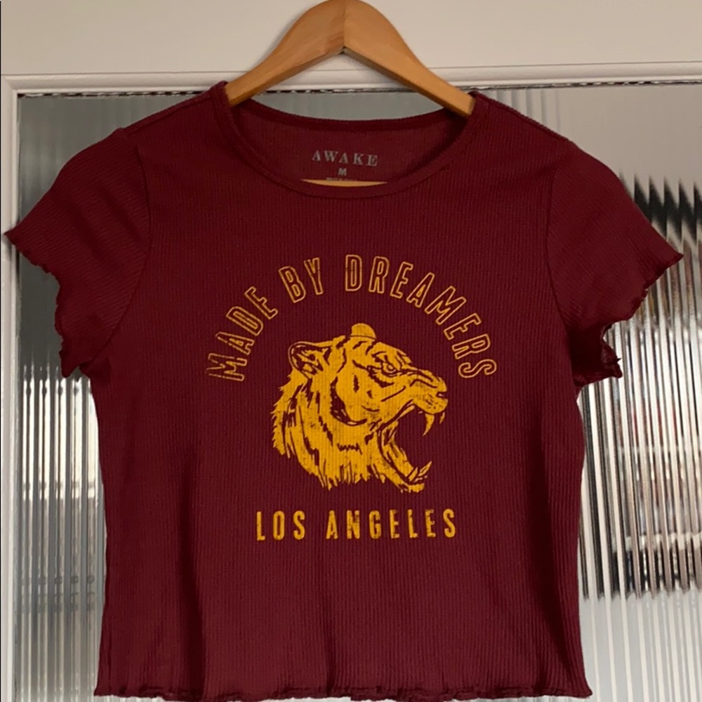 crop top by Awake. maroon and gold. lettuce edge